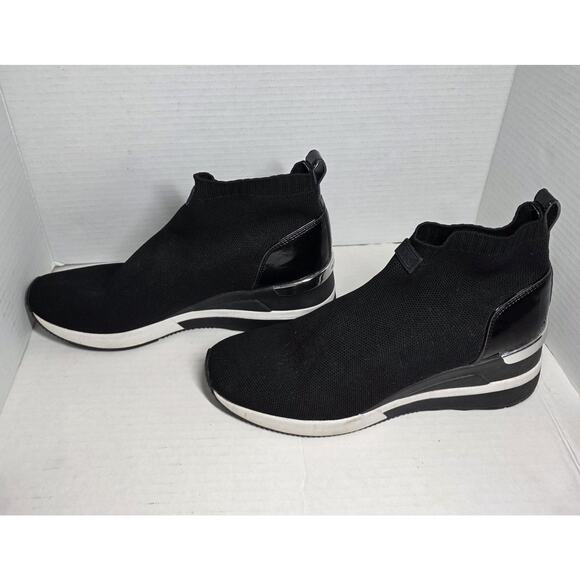 Michael Kors Skyler Bootie Black Soft Knit Patent High Top Wedge Sneakers 8.5 - Picture 1 of 7